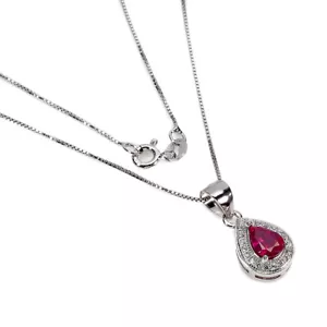 Summer 925 Silver Pear Ruby 7x5mm Simulated Cz Necklace 18 Ins - Picture 1 of 10