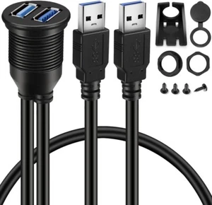 2 Ports Dual USB 3.0 Male to USB 3.0 Female AUX Flush Mount Car Mount Extension - Picture 1 of 8