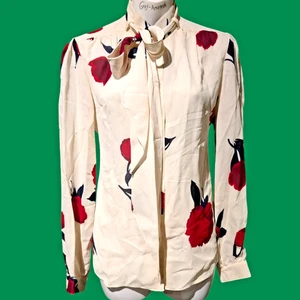 Vtg 70s CHESTER WEINBERG designer crepe pussy bow blouse ivory red black rose 2H - Picture 1 of 15