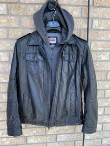 Mens Levis Black Faux Leather Zip Up Hooded Jacket -Size Large - Picture 1 of 7