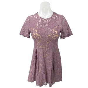 Lush Purple Floral Lace Sheer Short Sleeve Crew Neck Mini Fit & Flare Dress Sz M - Picture 1 of 5