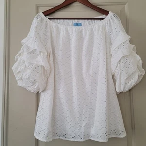 Cece Off White Eyelet Off Shoulder Top SZ M Ruffle Puff Sleeve Romantic Feminine - Picture 1 of 8