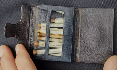 Vintage Doctor's leather travel pouch  with nine labelled glass vials - Image 1 of 4