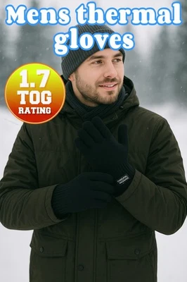Mens Thinsulate Gloves Adults Thermal 1.7 Tog Black Knitted Lined Winter Warm - Image 1 of 4