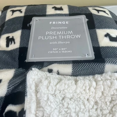 Manta de felpa decorativa con flecos negra blanca calicó a cuadros perro sherpa Foto 1 de 4