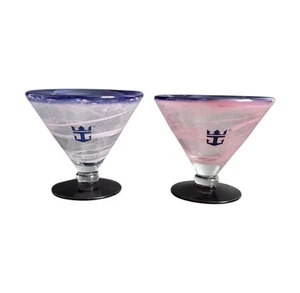 Kosta Boda Royal Caribbean Cobalt Blue Pink Swirl Martini Margarita Glasses Set2 - Picture 1 of 12