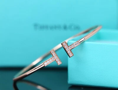 $5,900 Tiffany & Co. 18K Rose Gold Round Diamond T Wire Cuff Bangle Bracelet M - Image 1 of 4