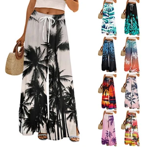 Women Summer Boho Palazzo Pants High Waist Wide Leg Rinting Casual Trousers - Picture 1 of 39