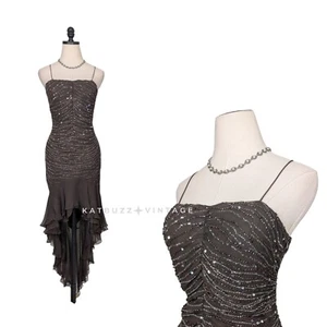 Y2K Scala Prom Dress Maxi Gown Midi Maxi Fairy Silk Bead Slip Grunge Brown M - Picture 1 of 14