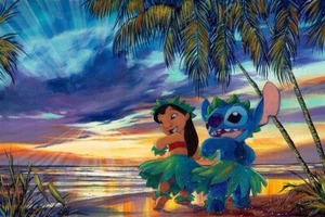 Lilo Stitch Walt Disney Fine Art Stephen Fishwick signiert Lt Ed 195 Sonnenuntergang Salsa - Bild 1 von 1