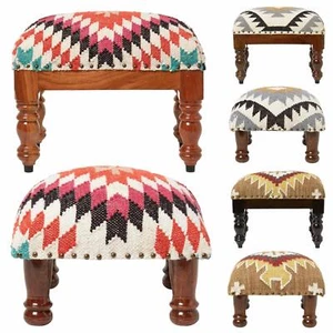 Traditional Style Handmade Kilim Pouffe & Footstool with Wooden Legs - Picture 1 of 34