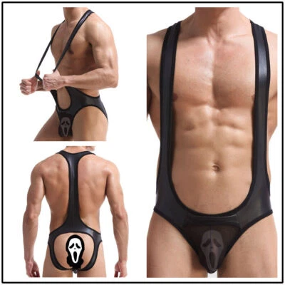 Sexy Men Jumpsuits PU Leather Leotard Wrestling Singlet Bodysuit Costume Cosplay - Image 1 of 4