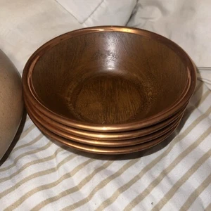 Set of 4 Vintage Coppercraft Guild Faux Wood Copper Rimmed Bowls Mid Century - Picture 1 of 1