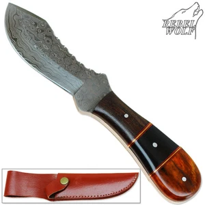 Rebel Wolf Drop Point Damascus Steel Hunting Full Tang Bowie Knife Wood Handle - Bild 1 von 3