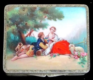 BEAUTIFUL VINTAGE ENGLISH STERLING SILVER IMPORT GOLD GILT ENAMEL COMPACT  - Picture 1 of 7