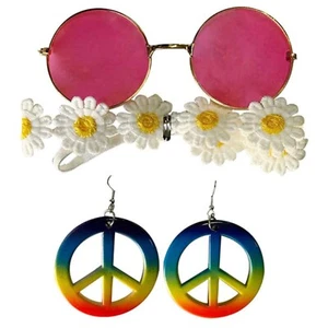Conjunto de 3 piezas de diadema hippie margarita gafas rosas y pendientes de paz vestido elegante años 70 - Imagen 1 de 1
