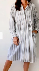 Lee Matthews Dress Size 4 (Large) Blue Stripes Shirt Dress Midi Pockets - Picture 1 of 9