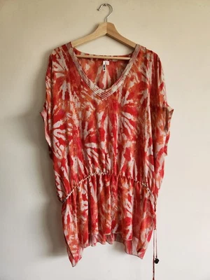 Loobies Story Size Small Silk Tie Dye Kaftan Top Sequin Cold Shoulder Resort - Image 1 of 4
