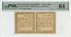 1777, 6d-9d Pennsylvania Colonial Ogden Ferry Schuylkill PMG CU64 Uncut Pair - Picture 1 of 2