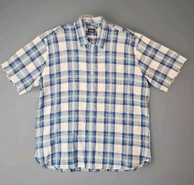 Neiman Marcus Men XXL Short Sleeve Linen Button Shirt Blue White Check - Image 1 of 4