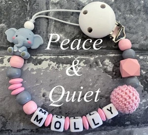 Personalised Dummy Clip | Wooden Dummy Chain | Girl | Pink | Grey | Elephant - Picture 1 of 7