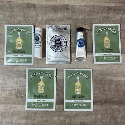 L'OCCITANE Travel size 7 pc Hand Cream Lip Balm Body Refreshing Cloth Almond Oil - Image 1 of 3