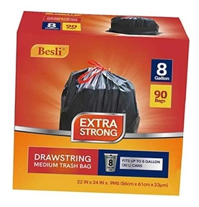8 Gallon Black Drawstring Trash Bag Garbage Bag Trash Can Liner,0.9 Mil,90 - Picture 1 of 8