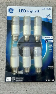 GE Bright Stik 9w LED Light Bulb • 60W replacement Soft white (6-Bulbs) 2700k - Image 1 of 3