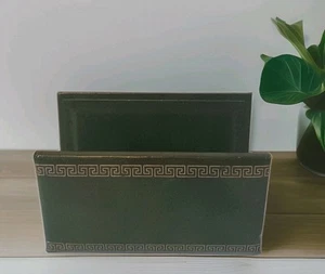 Vintage Desk Mail Letter Holder Green & Gold Faux Leather Caddy Office Organizer - Picture 1 of 11