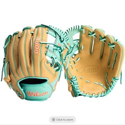 Guante de béisbol Wilson A800 exclusivo 1786 11,5" derecho rubio tostado verde menta naranja Foto 1 de 4