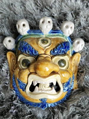 Máscara Mahakala Bután Rara Cerámica Glay 1800 Hecha a Mano Original - Firmada Única Foto 1 de 4