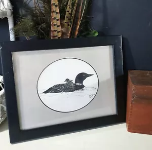 Gerahmte Feder- und Tuschezeichnung, Loon On Water Joyce Wright Original Lodge, Man Cave - Bild 1 von 5
