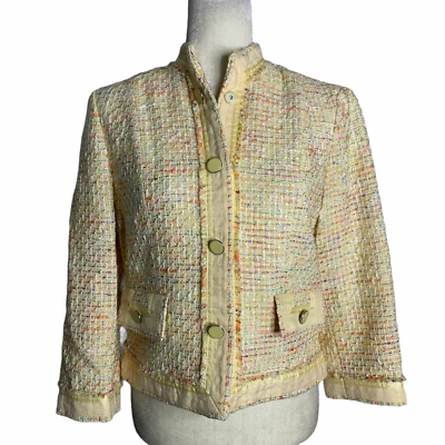 Jaqueta Blazer Boucle Vintage Anos 90 8 Amarela Snap Front Gola Alta ECI Nova York  - Imagem 1 de 4