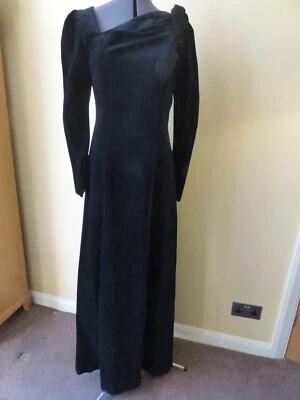 Vintage 80s Laura Ashley Long Black Velvet Gown Dress Bow Asymetrical Size 14/12 - Image 1 of 4