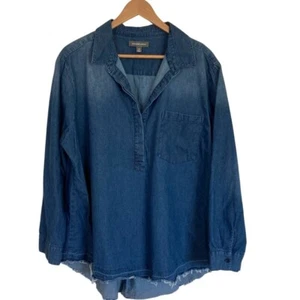 Alexander Jordan Womens Popover Denim Shirt 2X Blue Long Sleeve Distressed Hem - Picture 1 of 10