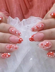 24 Medium Almond Red White Polka Dot Toadstools Press On False Nails Brand New - Picture 1 of 6