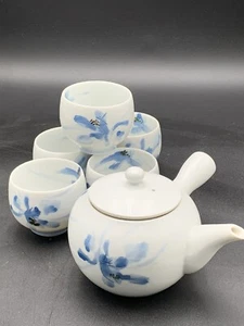 Vintage Japanese Porcelain Tea Pot Set Yokode Kyusu w/5cups Floral Blue & White - Picture 1 of 14