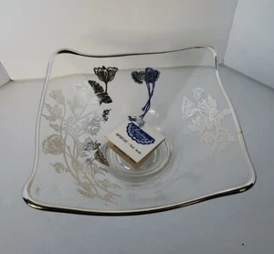 Vintage Silver City Glass Flanders Poppy  Sterling Overlay Square Bowl Orig Tag - Picture 1 of 12