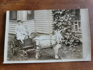 Carro de juguete para niños tirando de cabras década de 1920 postal fotográfica RPPC - Imagen 1 de 2