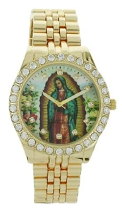 Herrenuhr Lady of Guadalupe grafisches Zifferblatt Kristall akzentuiert goldfarben Set - Bild 1 von 2