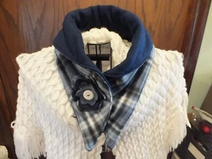 Handmade New Scarf Neck Warmer Blues White Handmade Flower 34x6" Soft Fleece - Picture 1 of 2