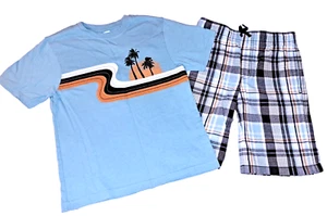 Boys GYMBOREE retro beach t shirt aqua brown plaid shorts 12 outfit set palm top - Picture 1 of 3