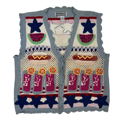 Vintage 80s 90s BEREK2 3D Knit Sweater Vest Cardigan Colorful Summer Theme Small - Image 1 of 4