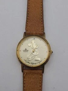 Vintage Lorus Leather Strap Gold Face Disney Mickey Mouse Quartz Watch V811-1400 - Picture 1 of 13