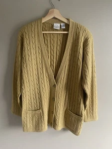 Vintage Gantos Women Cardigan M Fisherman’s Sweater Mustard Gold V Neck - Picture 1 of 11