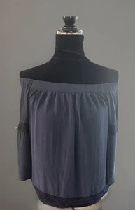 ECRU Silk Off The Shoulder Blouse Crochet Lace Hem Lined Dark Blue Sz XS Luxury - Picture 1 of 10