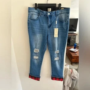 NWT Charlie Paige Distressed Plaid Cuff Jeans – Sizes Small - Picture 1 of 7