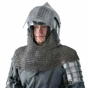 Casco Bascinet de Combate Medieval con Aventail Personalizado SCA HNB Calibre 16 Acero - Imagen 1 de 3