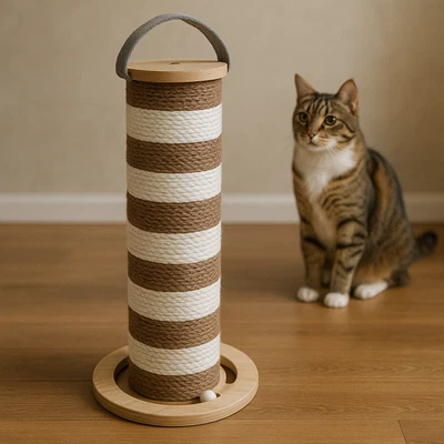 Cat Scratching Post Tower – Wooden Base Cardboard Post with Ball Toy Track - Image 1 of 4