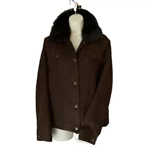 Kate Hill Button Up Vegan Faux Suede Removable Fur Collar Jacket Coat 14 Brown - Picture 1 of 15
